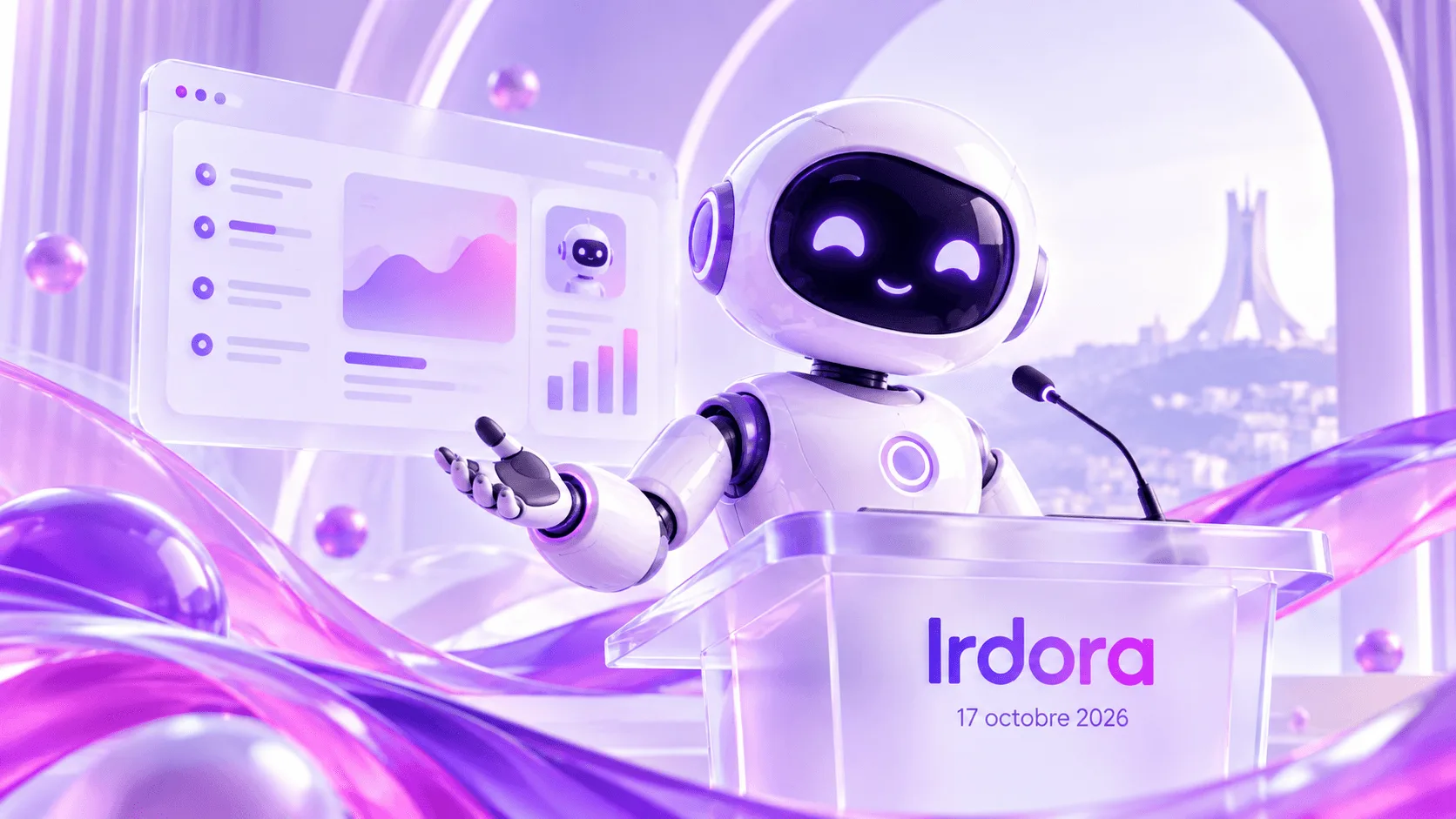 Illustration de la conférence Irdora du 17 octobre 2026 à Alger, avec un robot IA à la tribune.